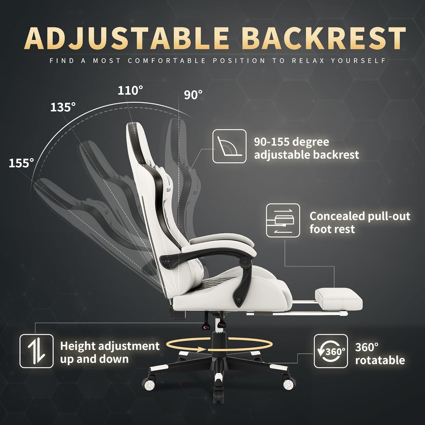 Office Chair, 400 Lbs Adult Chair, High Back Computer Chair with Footrest and Linked Armrests, Office Video Game Chair with Lumbar Support (White)