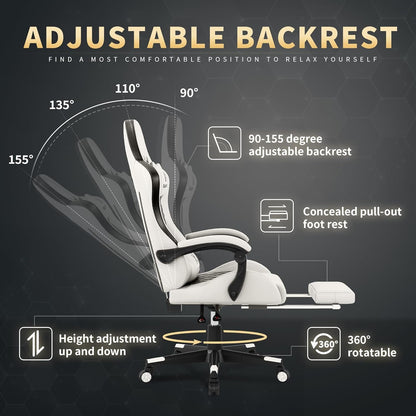 Office Chair, 400 Lbs Adult Chair, High Back Computer Chair with Footrest and Linked Armrests, Office Video Game Chair with Lumbar Support (White)