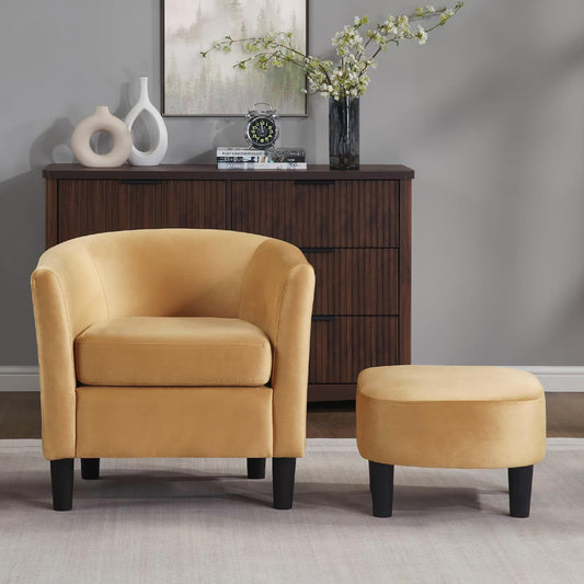 Accent Barrel Chair with Ottoman, Modern Comfy Armchair, Upholstered in Velvet, Reading Chair with Footrest, Contemporary Lounge for Living Room Bedroom Reading Room (Yellow)