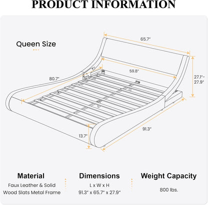 Modern Low Profile Platform Bed Frame Queen Size, Stylish Faux Leather Upholstered Sleigh Bed with Adjustable Headboard, No Box Spring Needed, White