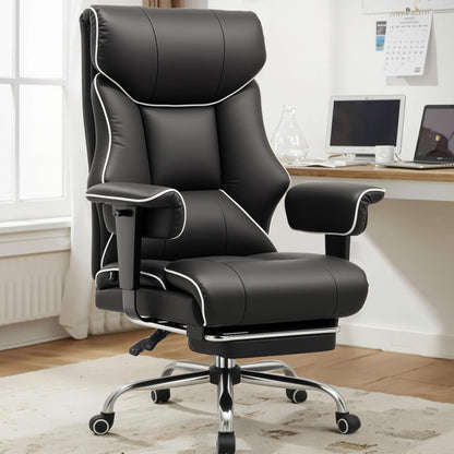 Big and Tall Office Chair 400Lbs High Back Gaming Chair with Ergonomic Lumbar Support & Pocket Spring Cushion for Lower Back Pain Relief, Leather Executive Chair with Foot Rest, White/Black