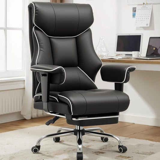 Big and Tall Office Chair 400Lbs High Back Gaming Chair with Ergonomic Lumbar Support & Pocket Spring Cushion for Lower Back Pain Relief, Leather Executive Chair with Foot Rest, White/Black