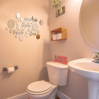 30 Pcs Bathroom Wall Decals Brush Wash Flush Floss Stickers 3D round Mirrors Wall Decal Self Adhesive DIY Acrylic Mirror Decor Beautiful Art Words Decor for Home Bedroom (Silver)
