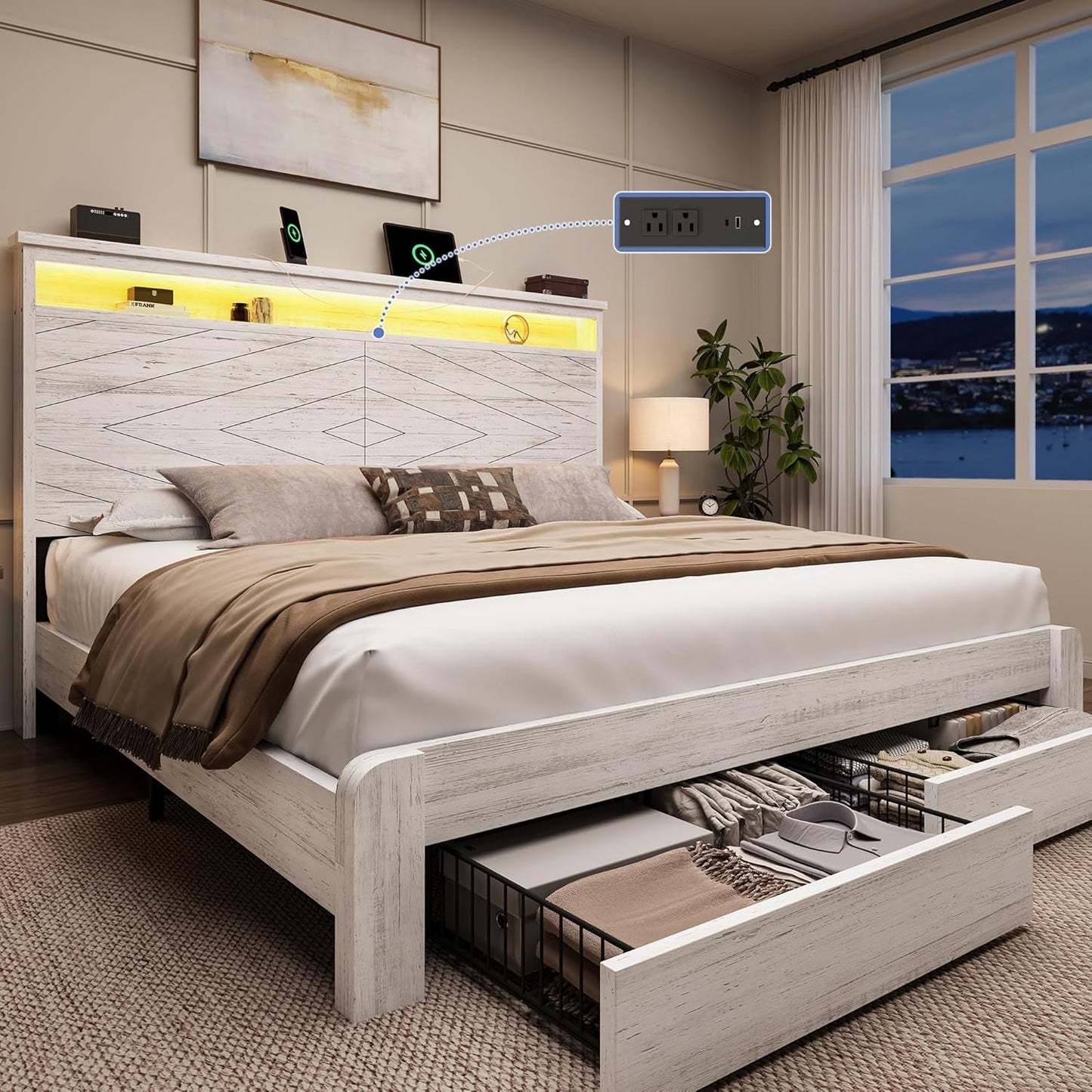 Queen Size Bed Frame with 2 Storage Drawers and Headboard Wooden Platform Bed Frame with LED Lights and Charging Station Easy Assembly/No Box Spring Needed/White