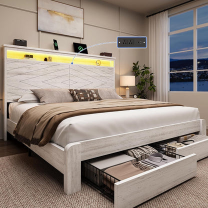 Queen Size Bed Frame with 2 Storage Drawers and Headboard Wooden Platform Bed Frame with LED Lights and Charging Station Easy Assembly/No Box Spring Needed/White