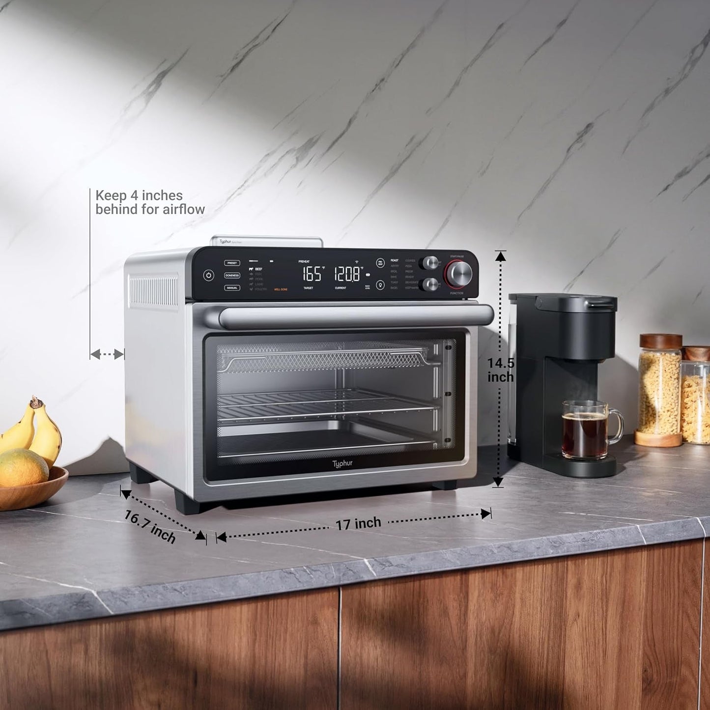 Sync Oven with Smart Wireless Meat Thermometer Probe, 12‑In‑1 Countertop Air Fryer Toaster Oven Combo, 360° Turbo Convection, Dehydrator, Recipes & 5 Accessories, Large 27QT, Stainless Steel