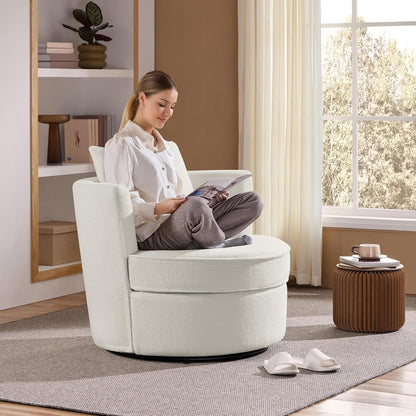 Swivel Barrel Accent Chair, 360 Degree Swivel round Chairs with Removable Throw Pillow, Soft Boucle Single Arm Sofa for Living Room Bedroom Reading, White