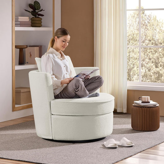 Swivel Barrel Accent Chair, 360 Degree Swivel round Chairs with Removable Throw Pillow, Soft Boucle Single Arm Sofa for Living Room Bedroom Reading, White