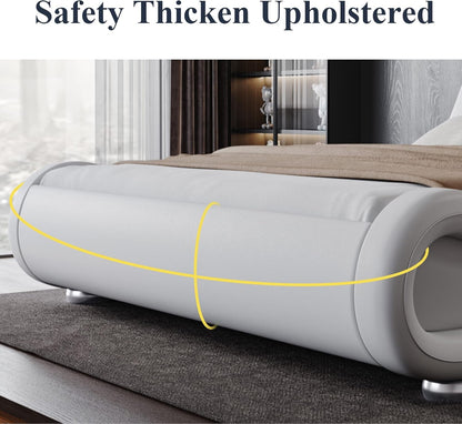 Queen Size Upholstered Platform Bed Frame with Ergonomic & Adjustable Headboard, Modern Low Profile Sleigh Design - Easy Assembly, No Box Spring Needed, White