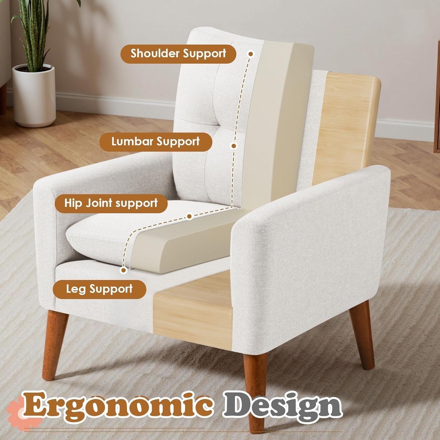 Mid Century Accent Chair, Fabric Modern Reading Living Room Chair, Fluffy Comfy Armchair Small Sofa Chair with Wood Legs for Bedroom Office Cafe, Set of 2 (Pure White)