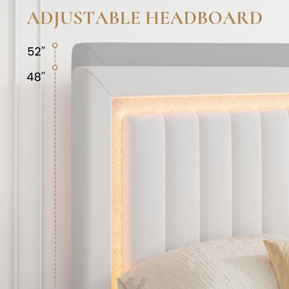 Queen Size Velvet Bed Frame with LED Light, Adjustable Vertical Channel Tufted Headboard, Strong Wooden Slats Support, Noise-Free, No Box Spring Needed, White