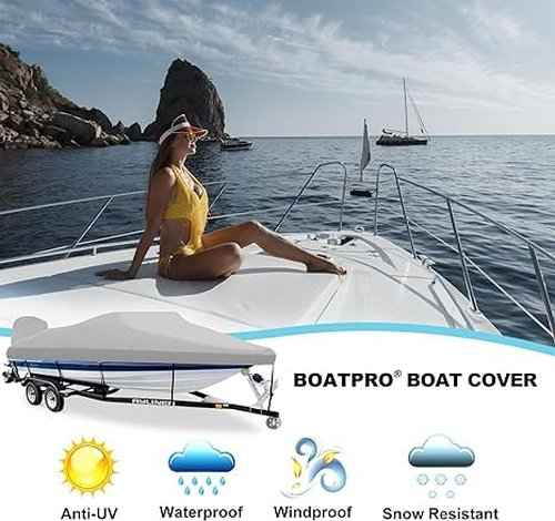 Boatpro Trailerable Boat Cover 14-16ft with Outboard Motor Cover, 900D Marine Canvas Waterproof Heavy Duty Boat Covers for 14 feet 15ft 16' Foot V-Hull Bass Boat Tri-Hull Runabout Boat, Silver