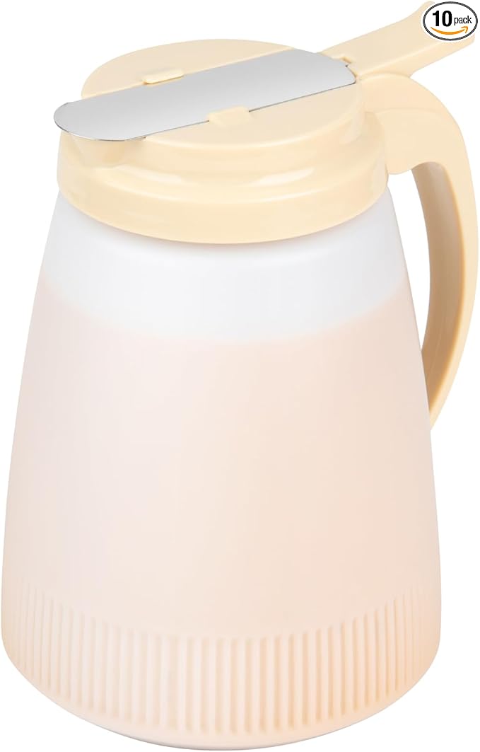 Restaurantware-Chef 101 48 Ounce All Purpose Syrup Dispensers, 10 Honey Dispensers - Beige Top, Stainless Steel Slide Cover, Plastic Pancake Syrup Bottle, Perfect For Diners, Restaurants, Home