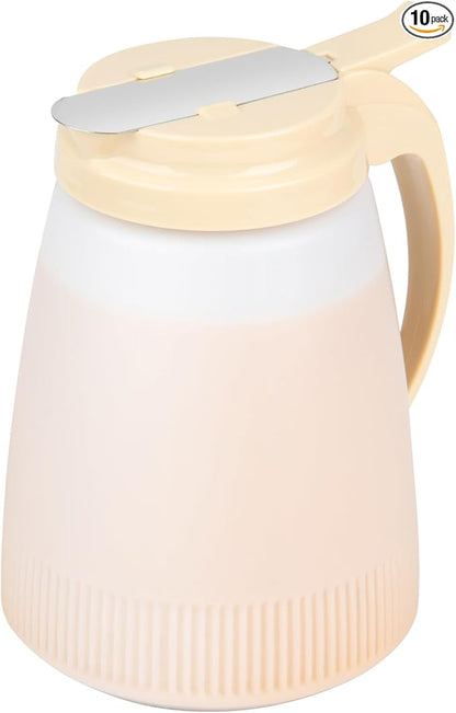 Restaurantware-Chef 101 48 Ounce All Purpose Syrup Dispensers, 10 Honey Dispensers - Beige Top, Stainless Steel Slide Cover, Plastic Pancake Syrup Bottle, Perfect For Diners, Restaurants, Home
