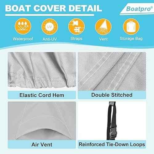 Boatpro Trailerable Boat Cover 14-16ft with Outboard Motor Cover, 900D Marine Canvas Waterproof Heavy Duty Boat Covers for 14 feet 15ft 16' Foot V-Hull Bass Boat Tri-Hull Runabout Boat, Silver