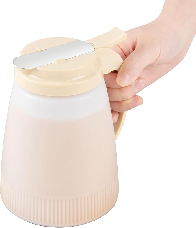 Restaurantware-Chef 101 48 Ounce All Purpose Syrup Dispensers, 10 Honey Dispensers - Beige Top, Stainless Steel Slide Cover, Plastic Pancake Syrup Bottle, Perfect For Diners, Restaurants, Home