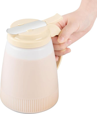 Restaurantware-Chef 101 48 Ounce All Purpose Syrup Dispensers, 10 Honey Dispensers - Beige Top, Stainless Steel Slide Cover, Plastic Pancake Syrup Bottle, Perfect For Diners, Restaurants, Home