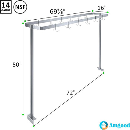 AmGood 72 in. Stainless Steel Table-Mounted Pot Rack With 8 Hooks