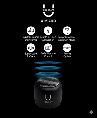 Fashionit U Micro - Small Bluetooth Speaker | Coin-Sized Speakers Bluetooth Wireless With Built-In Mic & Remote Shutter | Portab