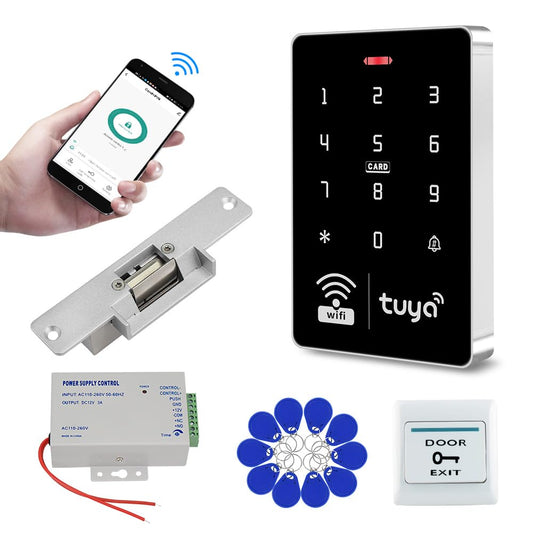 QTTYELOK Wifi Tuya APP Access Control System Waterproof Kits RFID Keypad Controller 125KHz 13.56MHz + Door Electric Strike Lock + DC12V Power Supply, 10,000 Large User Capacity