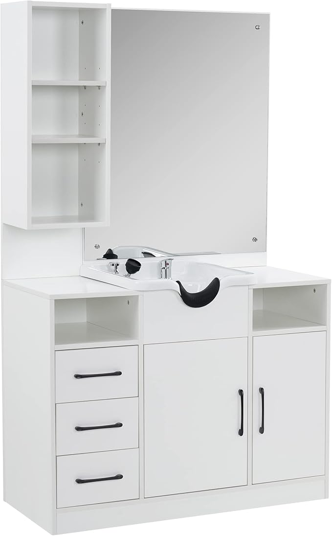 BarberPub Wall Mount Cabinet Barber Station with Mirror and Shampoo backwash Bowl Barbershop Salon Equipment 3140 (White)