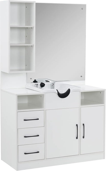 BarberPub Wall Mount Cabinet Barber Station with Mirror and Shampoo backwash Bowl Barbershop Salon Equipment 3140 (White)