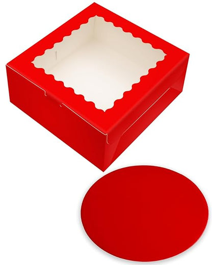qiqee 8x8x5 Cake Box, 18 Sets Red Cake Box with Window ＆ 18 Sets 8" Red Cake Round Boards, 8inch Cake Containers