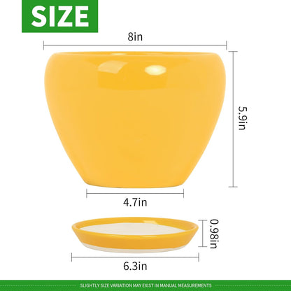 Deep Dream 8 Inch Plant Pots- Ceramic Pots for Plants with Drainage Hole and Saucer, Large Planter Pot for Indoor Plants Outdoor Decor, Yellow
