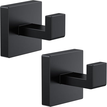 Kruodop 2 PCS Towel Hooks for Bathroom, Wall Mount Towel Holder, Black Matte Wall Robe Hook,Square Stainless Steel Door Hanger Towel Hook for Kitchen, Bedroom,Hotel,Pool,Coats