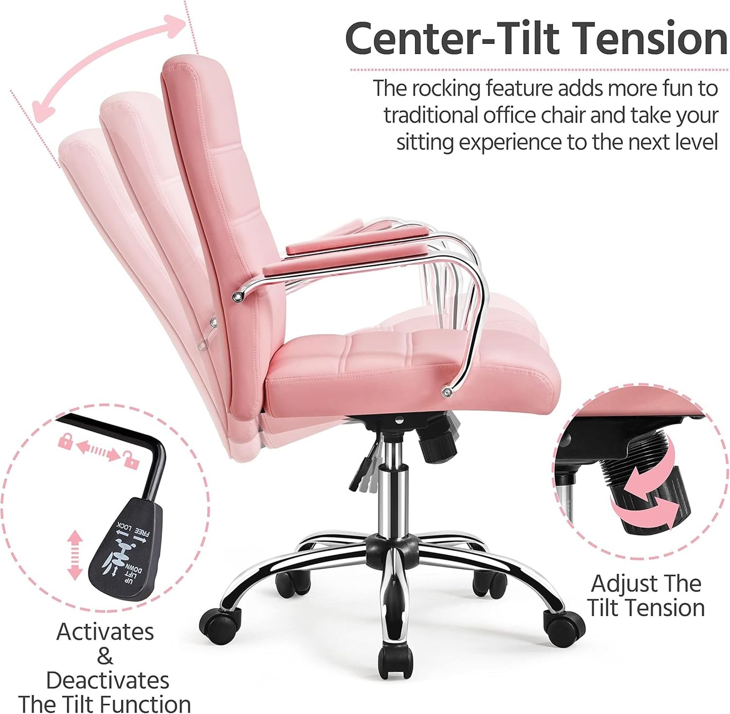 Mid-Back Office Chair with Arms Swivel PU Leather Height Adjustable Office Executive Chair, Pink