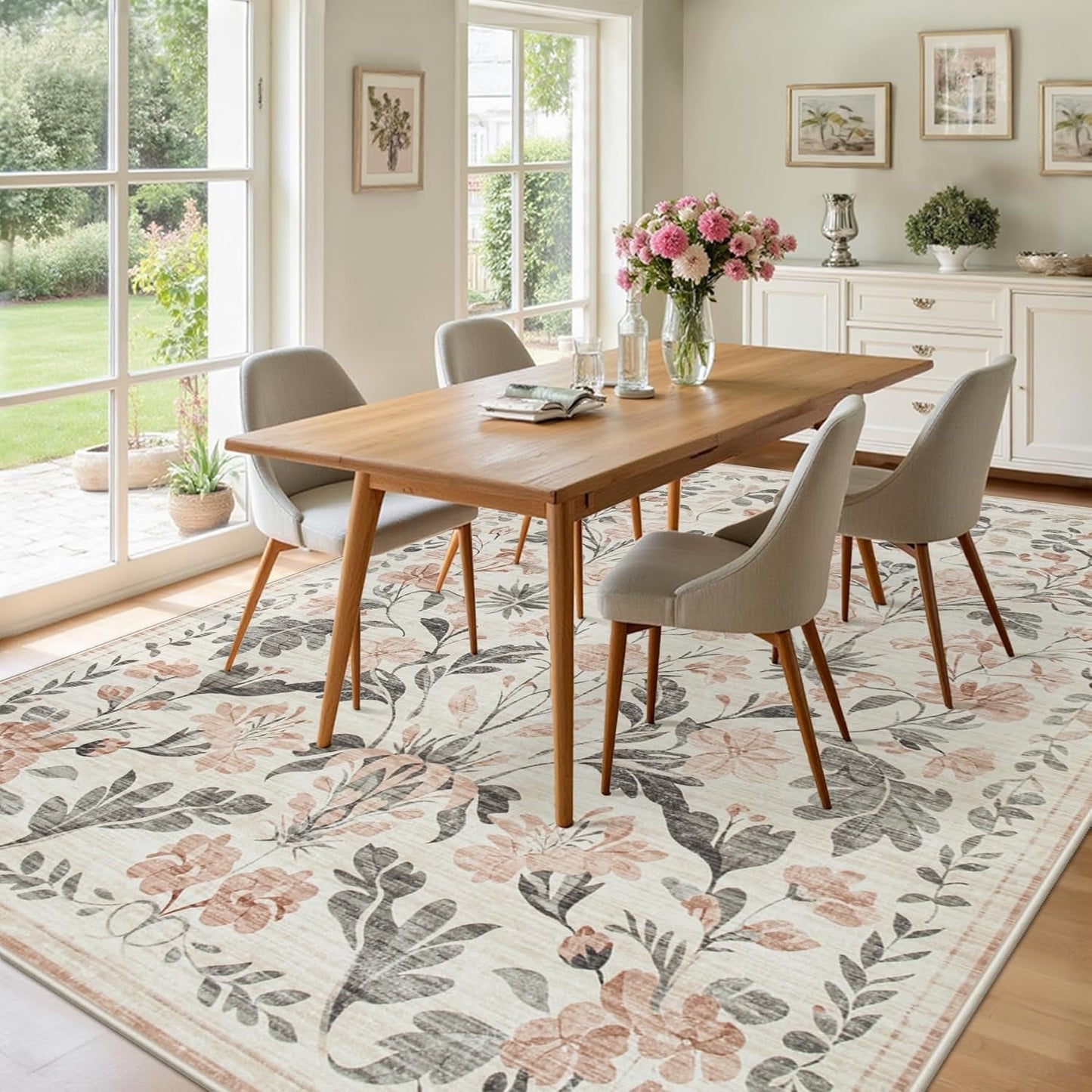 8X10 Area Rugs Washable Rug: Lagre Boho Living Room Rug Soft Non-Slip Thin Carpet Indoor Floor Non-Shedding Neutral Floral Carpets for Bedroom Dining Room Farmhouse Nursery Pink