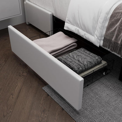 Queen Bed Frame with RGB LED Lights Headboard & 2 Storage Drawers, Modern Upholstered Faux Leather Smart Platform Iron Metal Decor, USB USB-C Charging Ports, No Box Spring Needed, White