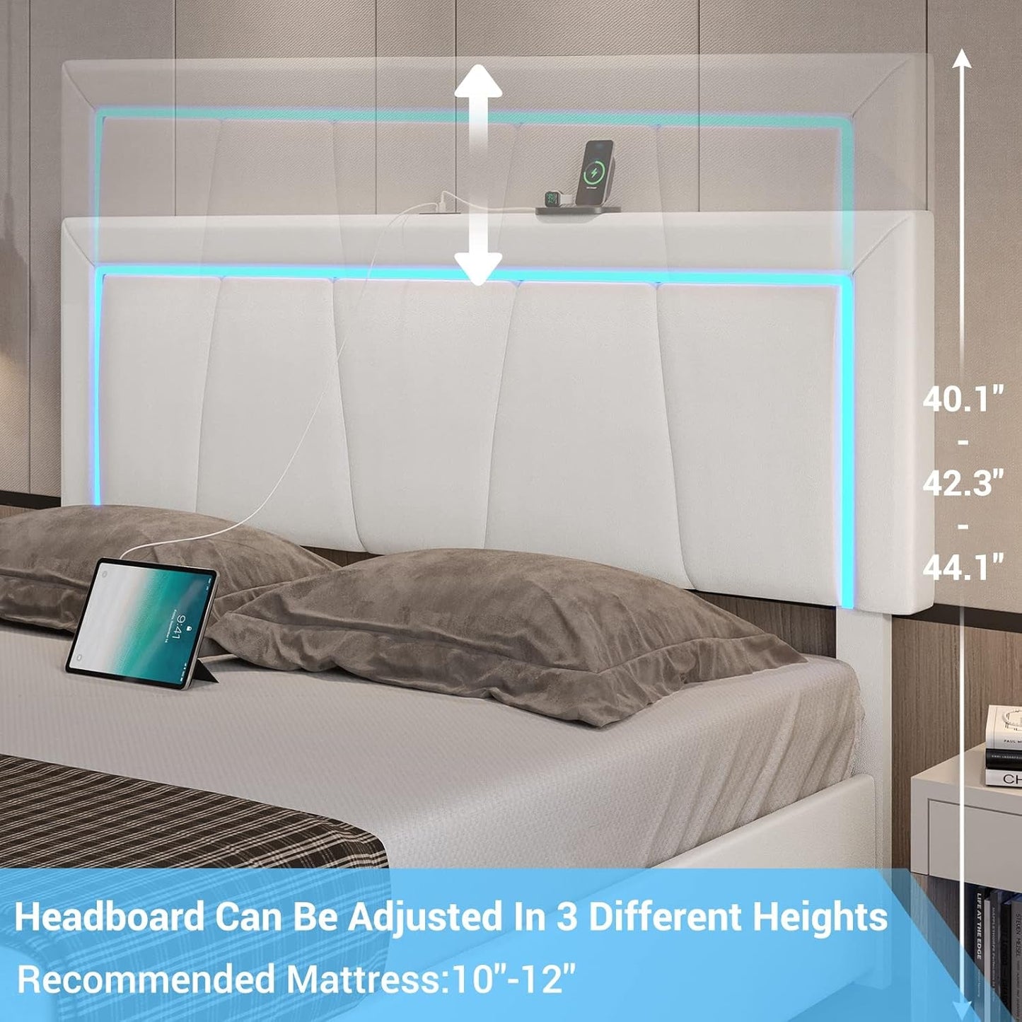 Queen Bed Frame with 4 Storage Drawers and LED Lights, Faux Leather Upholstered Platform Bed Frame Queen Size with USB Ports & Adjustable LED Headboard, No Box Spring Needed, Noise Free, White