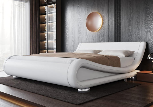 Queen Size Upholstered Platform Bed Frame with Ergonomic & Adjustable Headboard, Modern Low Profile Sleigh Design - Easy Assembly, No Box Spring Needed, White