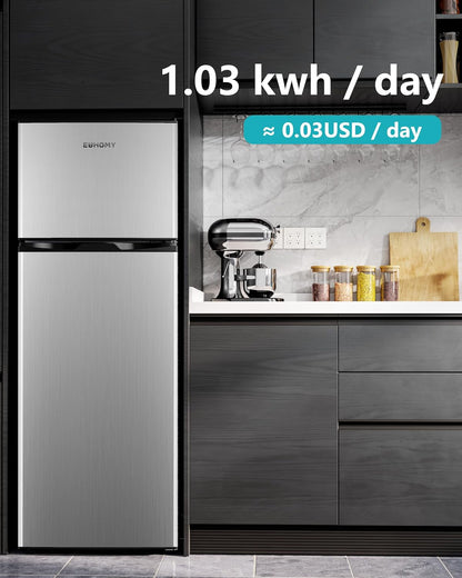 7.4 Cu.Ft. Refrigerator with Freezer, 2 Door Fridge, Adjustable Thermostat，Large Capacity, Refrigerator for Kitchen/Dorm/Office/Apartment - Food Storage or Cooling Drinks, Silver