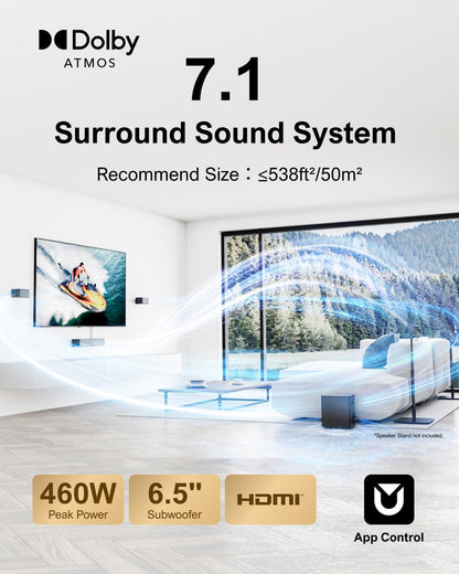 7.1CH Surround Sound System for TV, Soundbar with Dolby Atmos, 6.5" Wireless Subwoofer, APP Control, 4 Wired Surround Speakers, Peak Power 460W Soundbar for TV, Poseidon D80 (New 2025 Model)