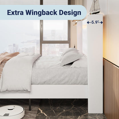 Upholstered Full Size Platform Bed Frame with LED Light and Charging Station, Button Tufted High Headboard, Wingback Design, Noise Free, Easy Assembly, No Box Spring Needed, White
