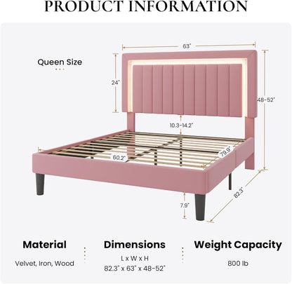 Queen Size Velvet Bed Frame with LED Light, Adjustable Vertical Channel Tufted Headboard, Strong Wooden Slats Support, Noise-Free, No Box Spring Needed, Pink