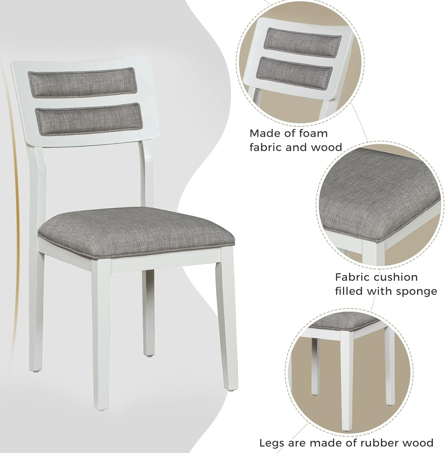 6 Pieces Dining Table Set with Bench, Rectangle Dining Table with 4 Upholstered Chairs & a Bench, Kitchen Table Chairs Set for 6 Persons, Wood Dining Room Set - White+Gray