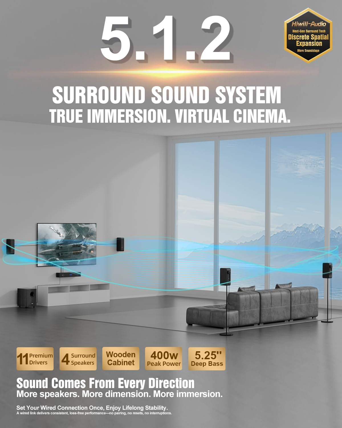 Wooden 5.1.2 Sound Bars, 4 Surround Speakers Wired, 400W Peak Power, Virtual Surround Sound System, Soundbar for Smart TV Speaker W/5.25'' Subwoofer, Home Theater System, ARC/OPT/BT/AUX, Hipulse N512