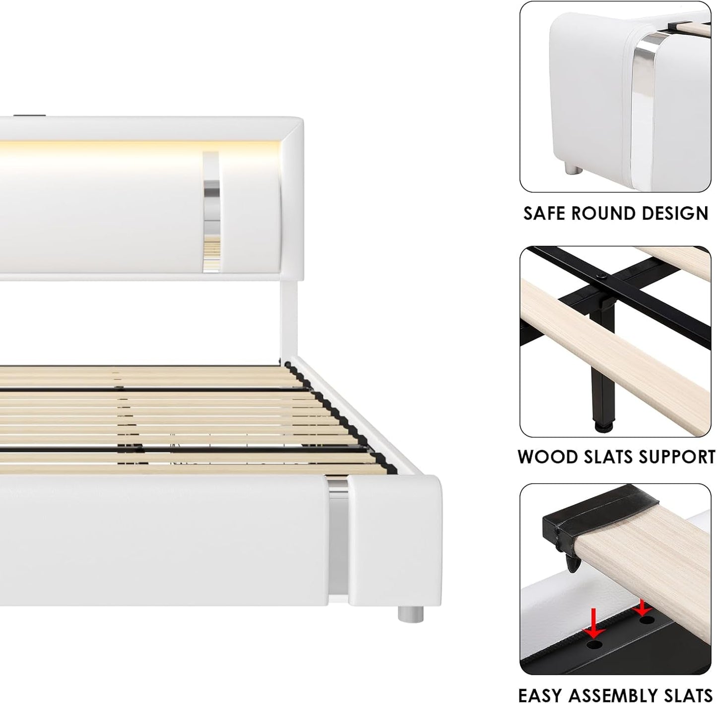Queen Bed Frame with RGB LED Lights Headboard & 2 Storage Drawers, Modern Upholstered Faux Leather Smart Platform Iron Metal Decor, USB USB-C Charging Ports, No Box Spring Needed, White