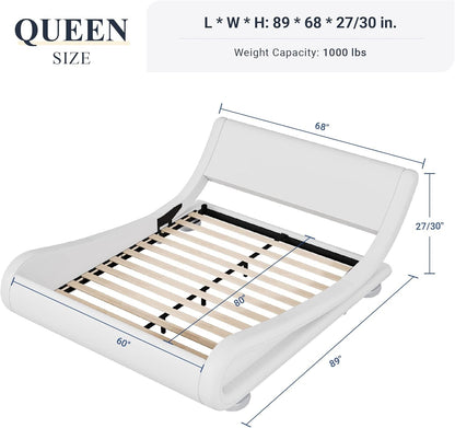 Queen Size Upholstered Platform Bed Frame with Ergonomic & Adjustable Headboard, Modern Low Profile Sleigh Design - Easy Assembly, No Box Spring Needed, White