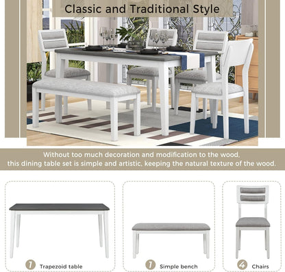 6 Pieces Dining Table Set with Bench, Rectangle Dining Table with 4 Upholstered Chairs & a Bench, Kitchen Table Chairs Set for 6 Persons, Wood Dining Room Set - White+Gray