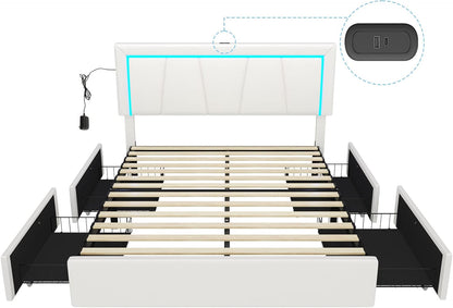 Queen Bed Frame with 4 Storage Drawers and LED Lights, Faux Leather Upholstered Platform Bed Frame Queen Size with USB Ports & Adjustable LED Headboard, No Box Spring Needed, Noise Free, White