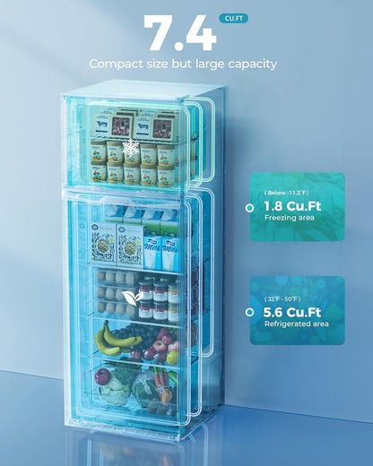 7.4 Cu.Ft. Refrigerator with Freezer, 2 Door Fridge, Large Capacity,Adjustable Thermostat, Refrigerator for Kitchen/Dorm/Apartment/Garage - Food Storage or Cooling Drinks, Silver