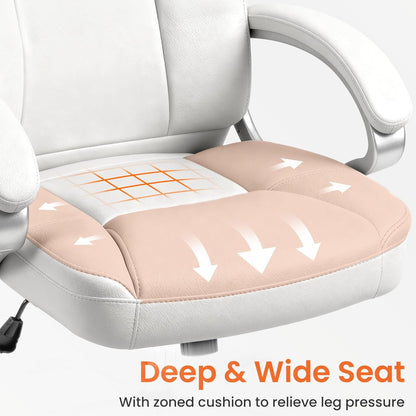 Office Desk Ergonomic Gaming Chair High Back Adjustable Computer Chair with Wheels and Lumbar Support Comfy Leather Executive Swivel (White)