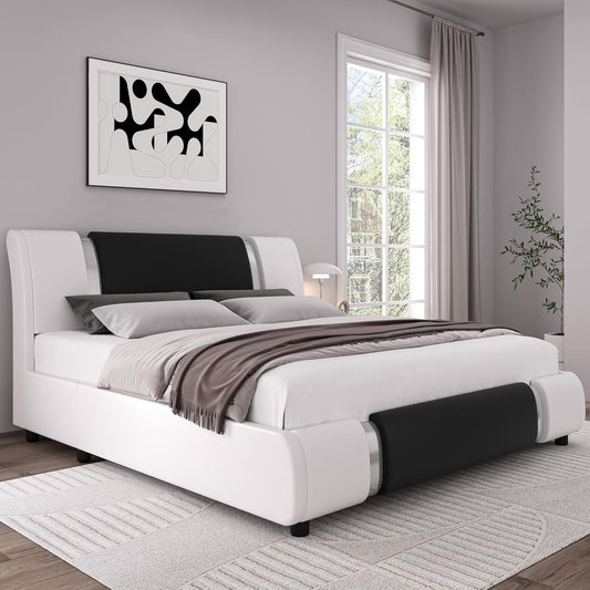 Modern Faux Leather Upholstered Platform Bed Frame with Mirror Metal Decoration Headboard, Curved Headboard, Wooden Slats Support, No Box Spring Needed, Queen Size, Whiteblack
