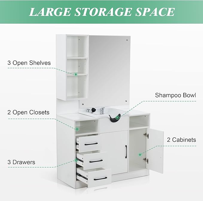 BarberPub Wall Mount Cabinet Barber Station with Mirror and Shampoo backwash Bowl Barbershop Salon Equipment 3140 (White)