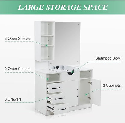 BarberPub Wall Mount Cabinet Barber Station with Mirror and Shampoo backwash Bowl Barbershop Salon Equipment 3140 (White)