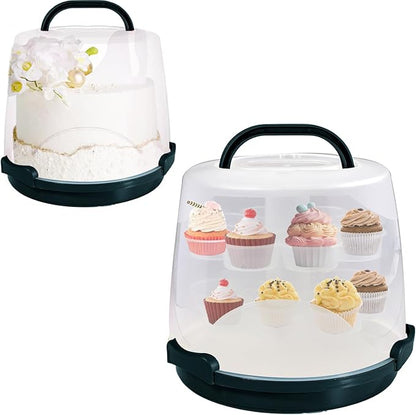 Cake Carrier Round Cake Stand Plus Height Cake Container with Cupcakes Pad, Handle, Lid Reusable Package Box for Transporting Desserts,Pie,Toast,Fruit (10" Black)